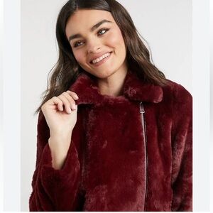 Vero Moda Thea Wine Red Faux Fur Moto Jacket - Size Small